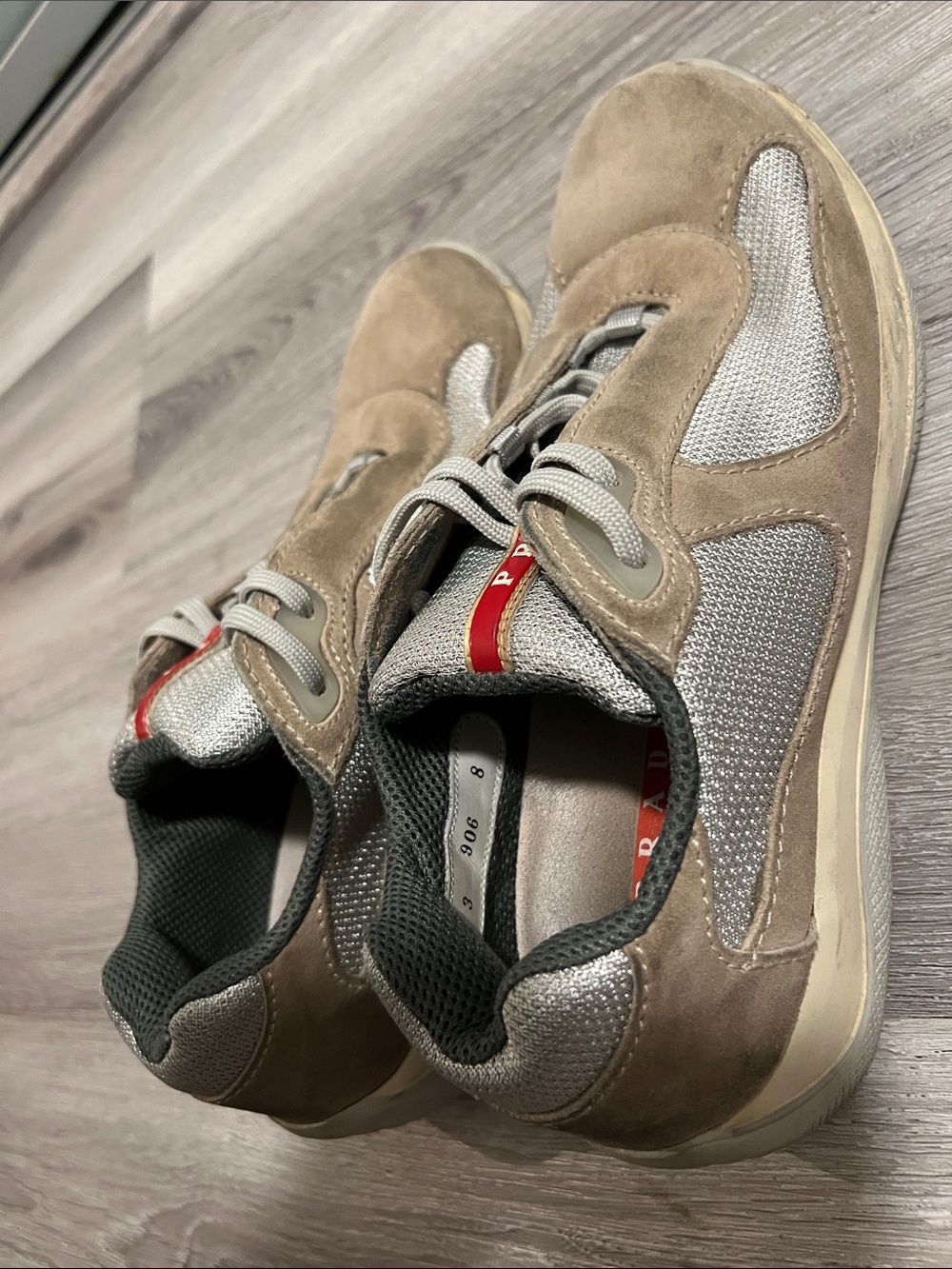 Prada Men’s Beige Suede and Gray Mesh Sneakers with Red Logo Tape - Picture 4 of 5